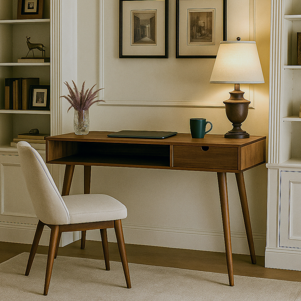 Three-quarter view of the walnut desk with drawer and cubby, the chair at the left, in a paneled room