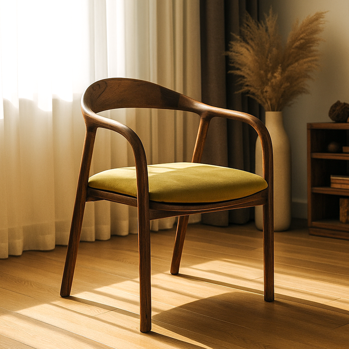 Wooden chair with a yellow cushion in a room with curtains and a vase.