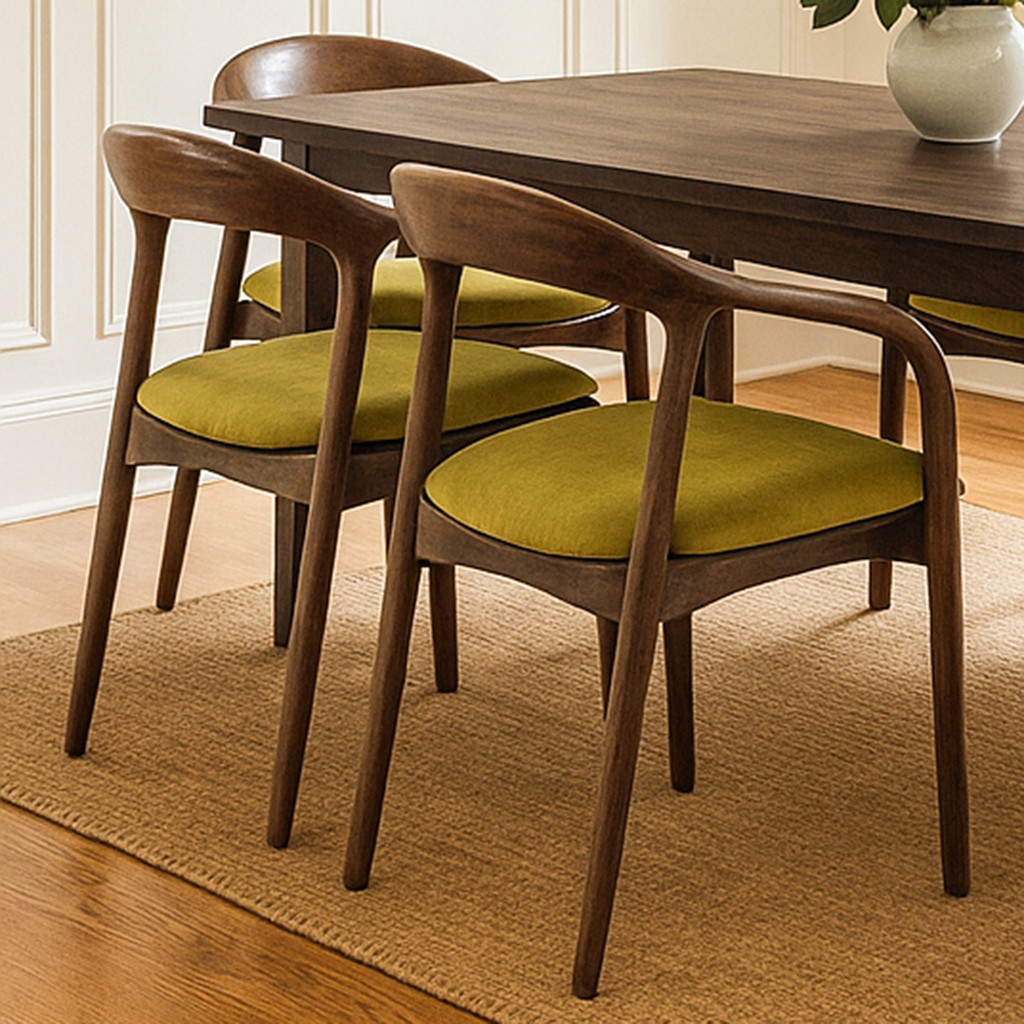 Dining chairs with green cushions in front of a wooden table.