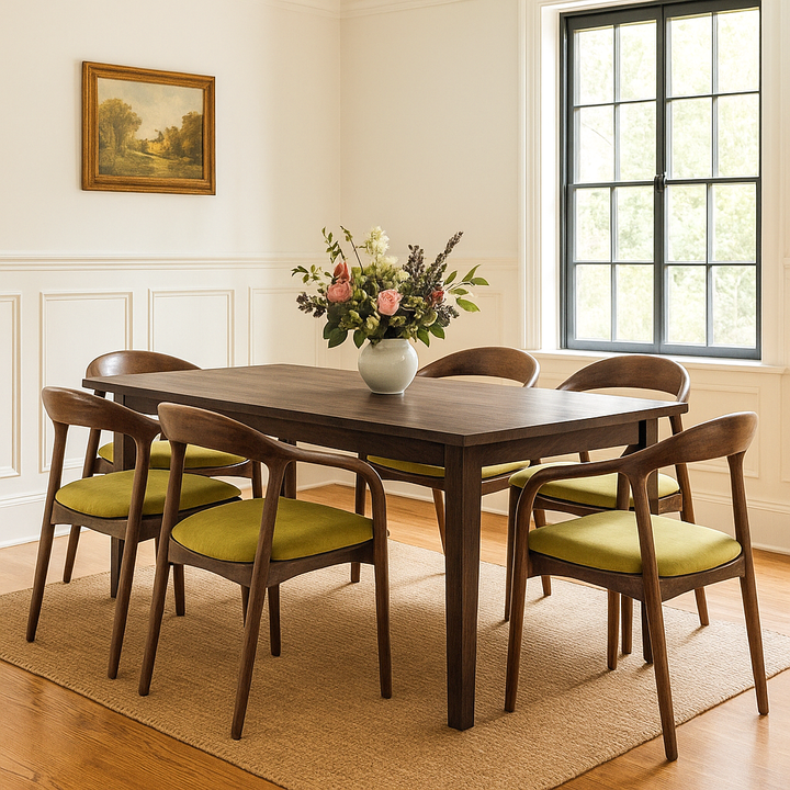Dining room with wooden table and chairs with green cushions, vase of flowers, and window.