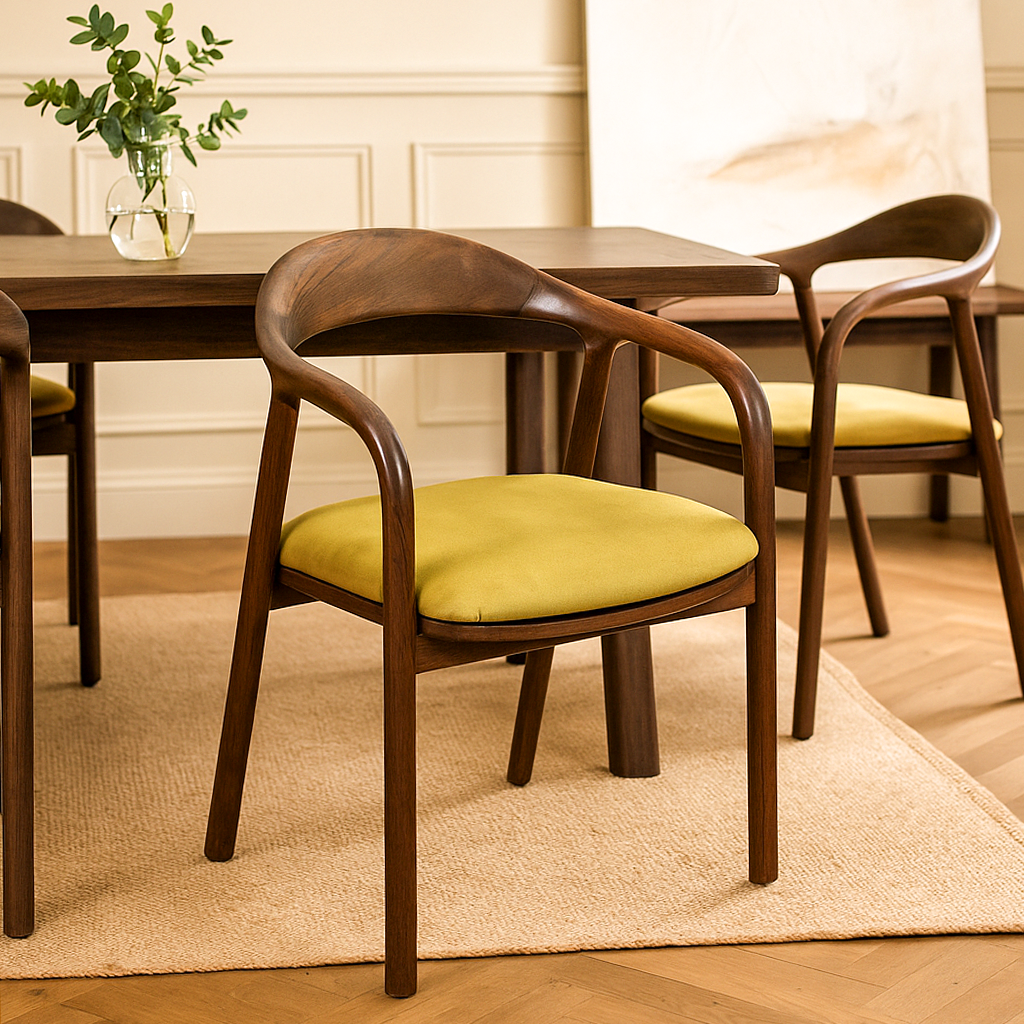 Dining room with wooden chairs and a table, featuring a vase with greenery.