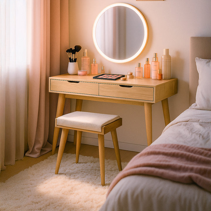 Wooden vanity table with mirror and stool in a bedroom setting