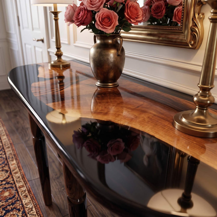 Vesper handmade solid walnut entryway console table styled with vintage accessories   