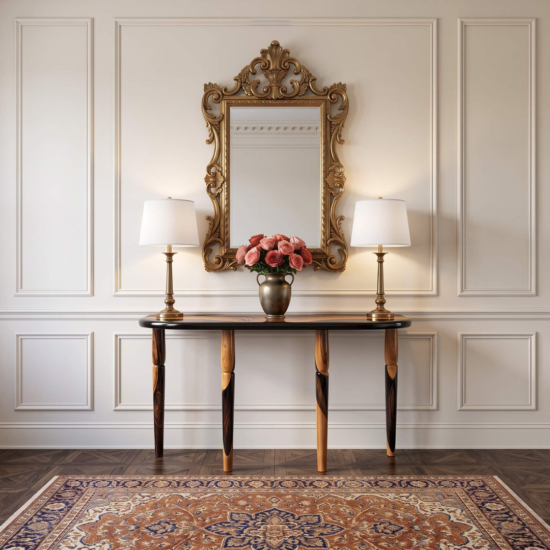Handcrafted walnut wood epoxy console table with decorative lamps and wall mirror in hallway   