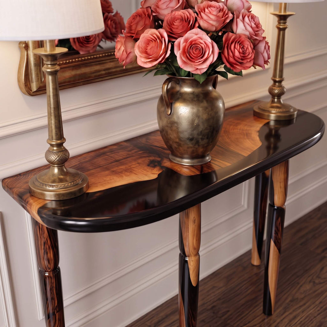 Luxury Vesper solid wood console table with epoxy accents for elegant living room or foyer   