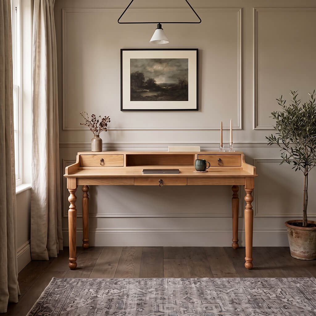 Solid wood executive writing table featuring upper hutch shelf, brass ring pull handles, and turned spindle legs   
