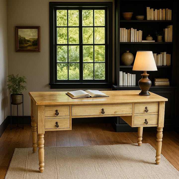 Vintage solid oak writing desk with drawers and turned legs, positioned in front of a window with a lamp on top.
