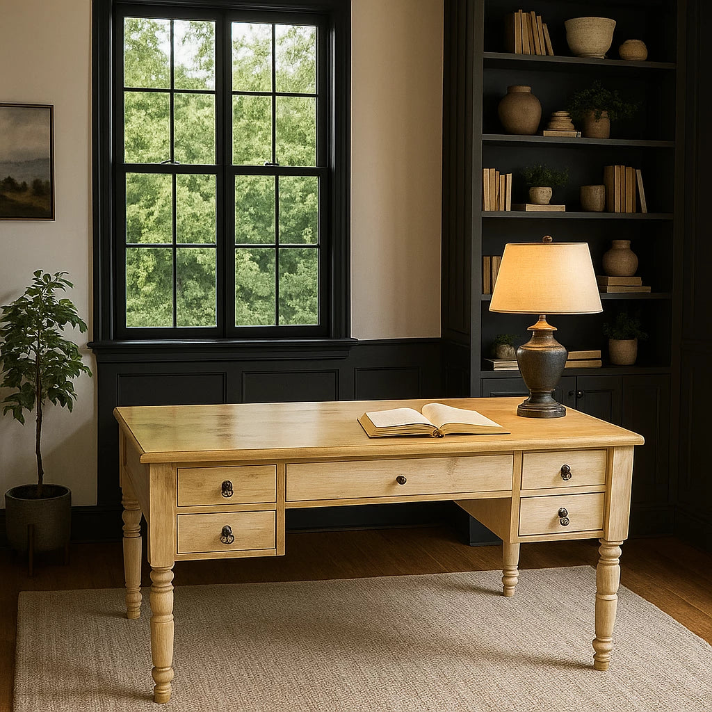 Vintage solid oak writing desk with drawers, a lamp, and a book on its surface, showcasing elegant turned legs.