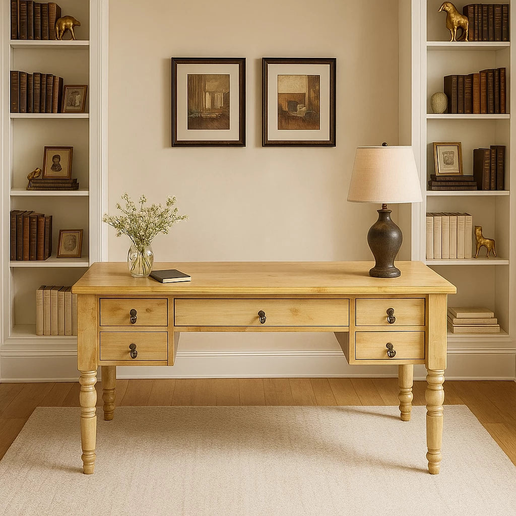Vintage solid oak writing desk with drawers, lamp, and bookshelves in a cozy room setting.