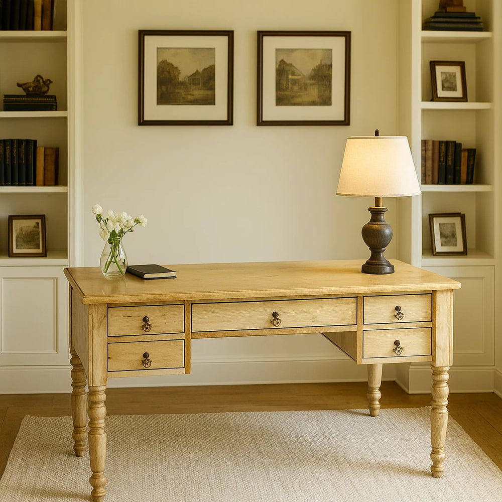 A vintage solid oak writing desk with drawers and turned legs, featuring a lamp on top, illuminated in a cozy setting.