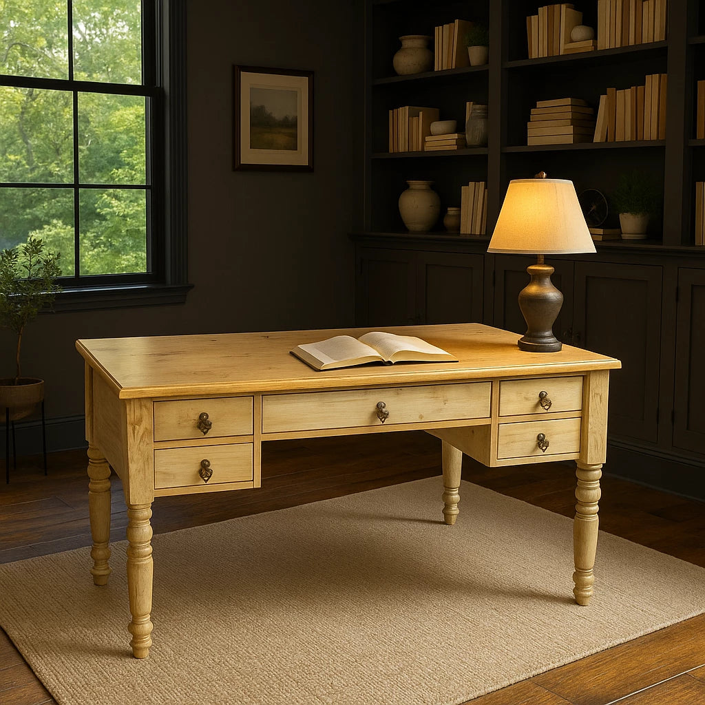 A vintage solid oak writing desk with drawers, a lamp, and books arranged neatly on its surface.