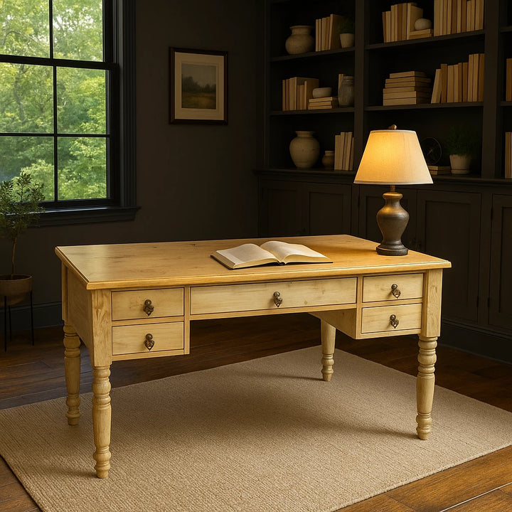 A vintage solid oak writing desk with drawers, a lamp, and books arranged neatly on its surface.