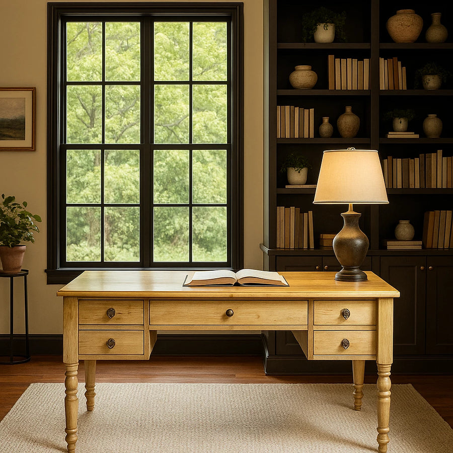 Vintage solid oak writing desk with five drawers and turned legs, a table lamp on top, by a window