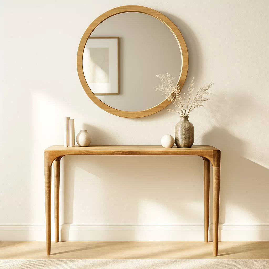 Walnut console table with a round mirror on a light wall, lighter wood tone shown in daylight