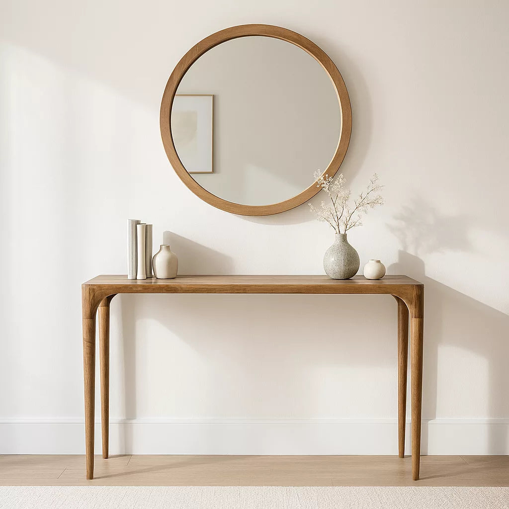 Walnut console table in an entryway with a round mirror above it, front view