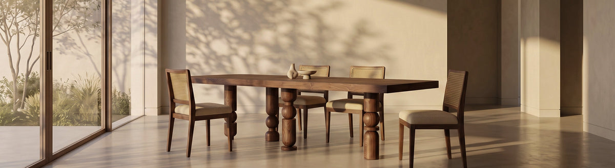 Long walnut dining table with turned legs and upholstered chairs in a sunlit room