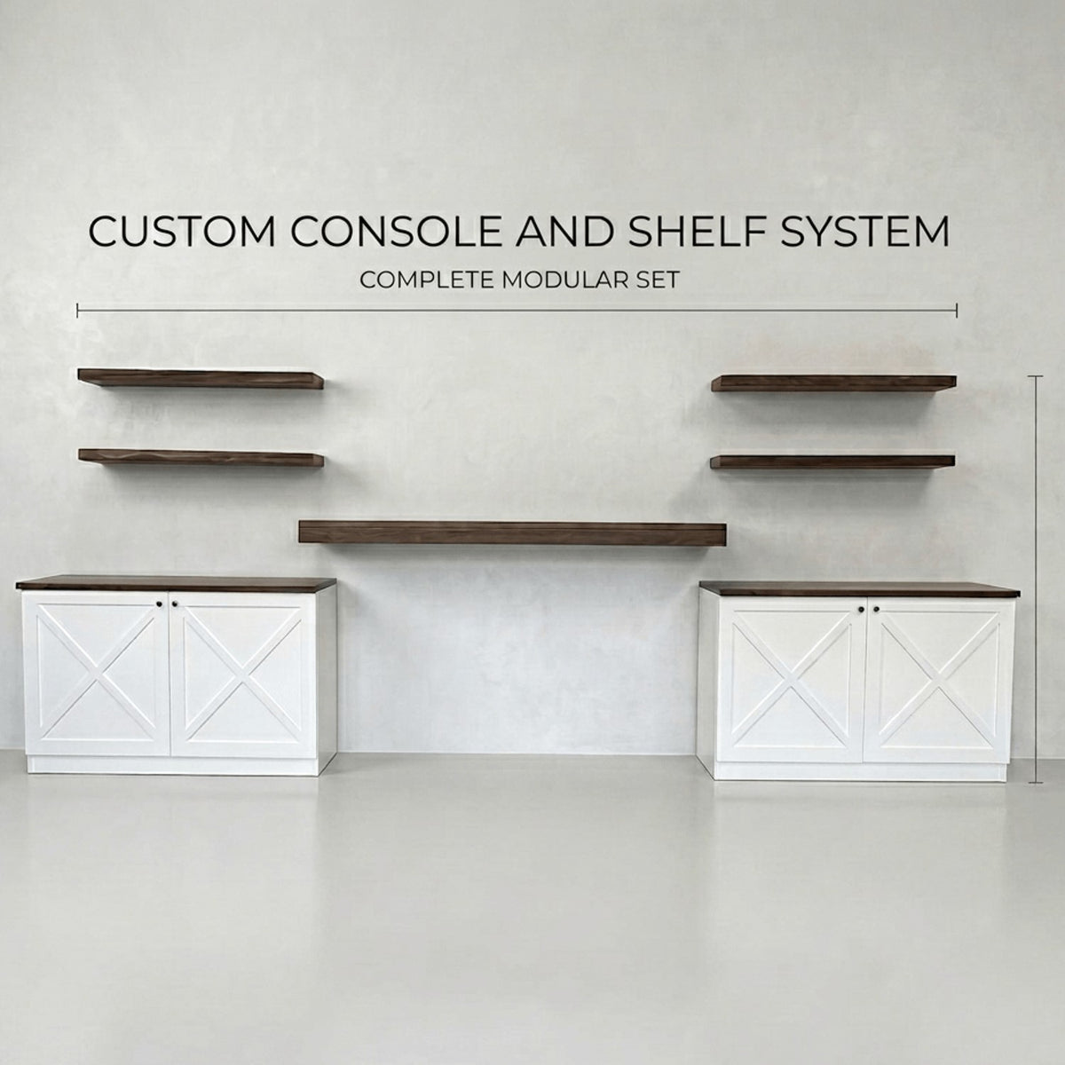 Layout of the modular set on a wall: two white cabinets, a walnut mantel shelf and four floating shelves
