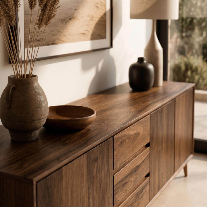 Solid walnut media console unit underneath wall mounted art piece