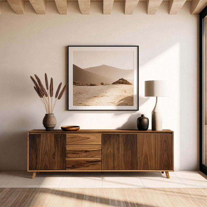 Modern walnut media cabinet with storage drawers and side doors for living room
