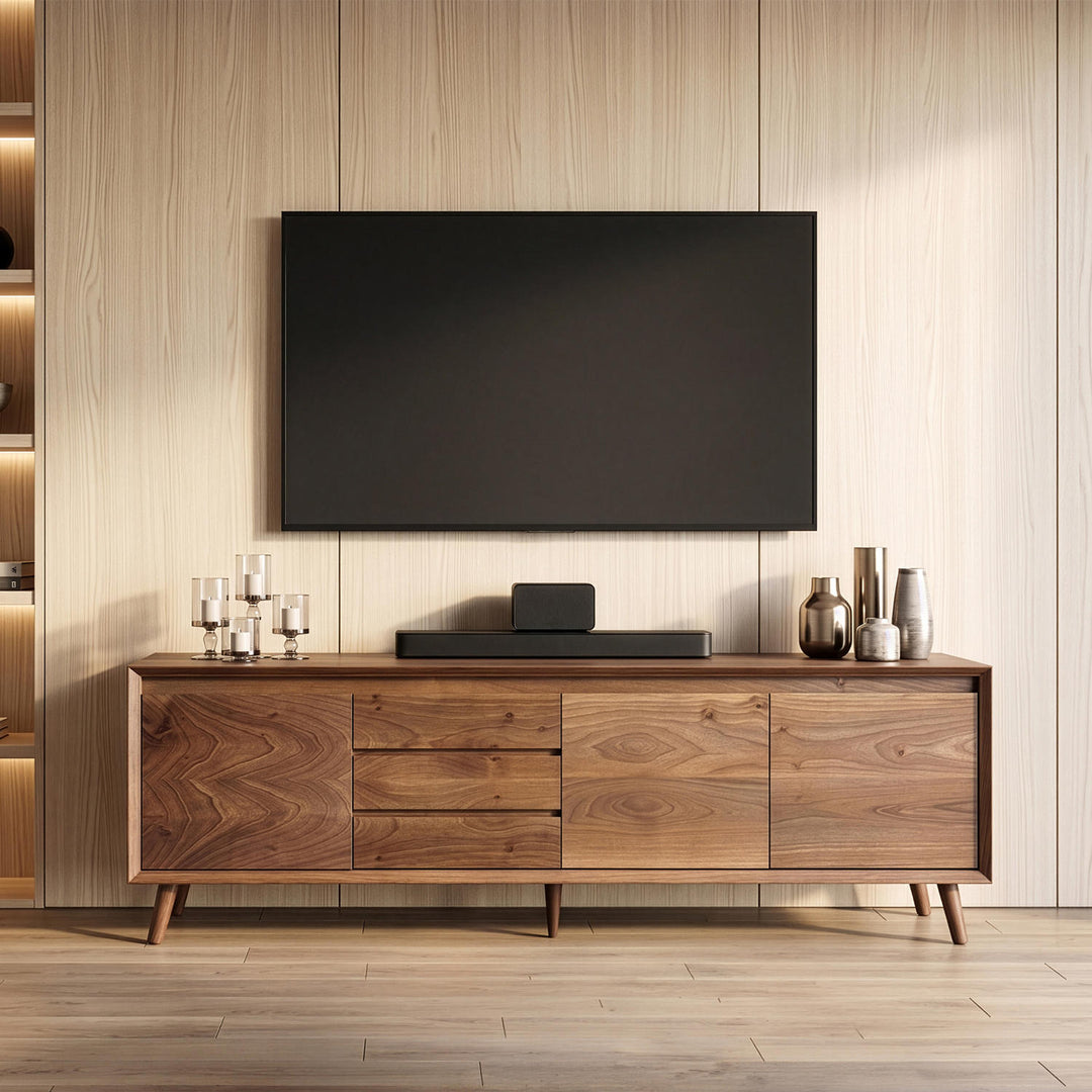 Mid century solid walnut TV console featuring seamless wooden door panels