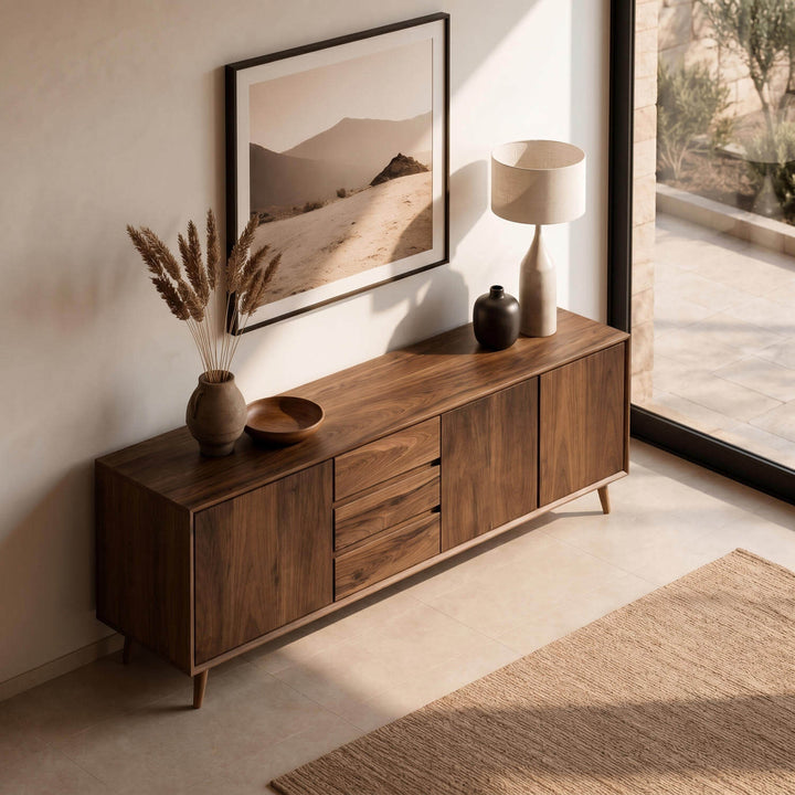 Premium solid walnut entertainment center with tapered legs for modern living spaces