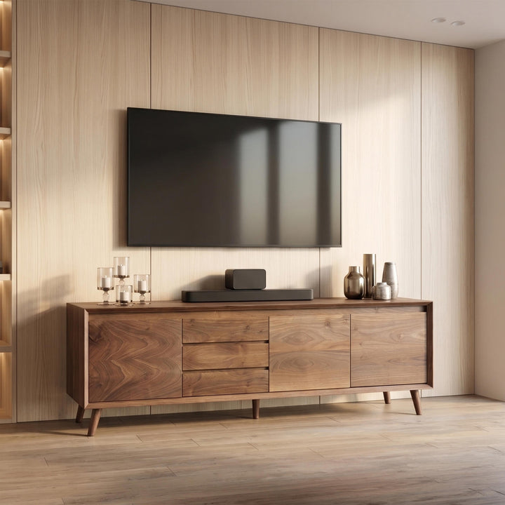 Minimalist walnut TV console unit with center drawers and storage doors