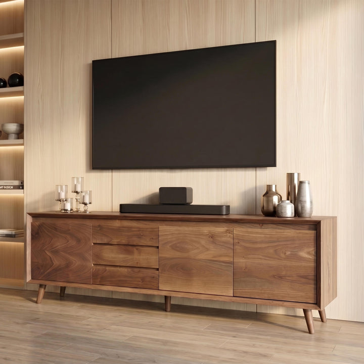 Modern walnut media credenza with natural wood grain pattern for living room