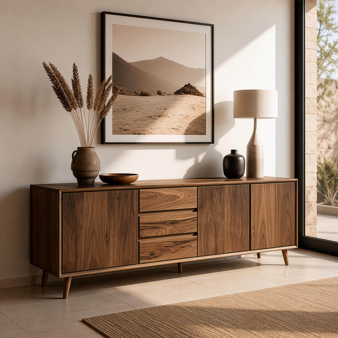 Solid walnut TV stand featuring handleless storage cabinets and tapered wooden legs