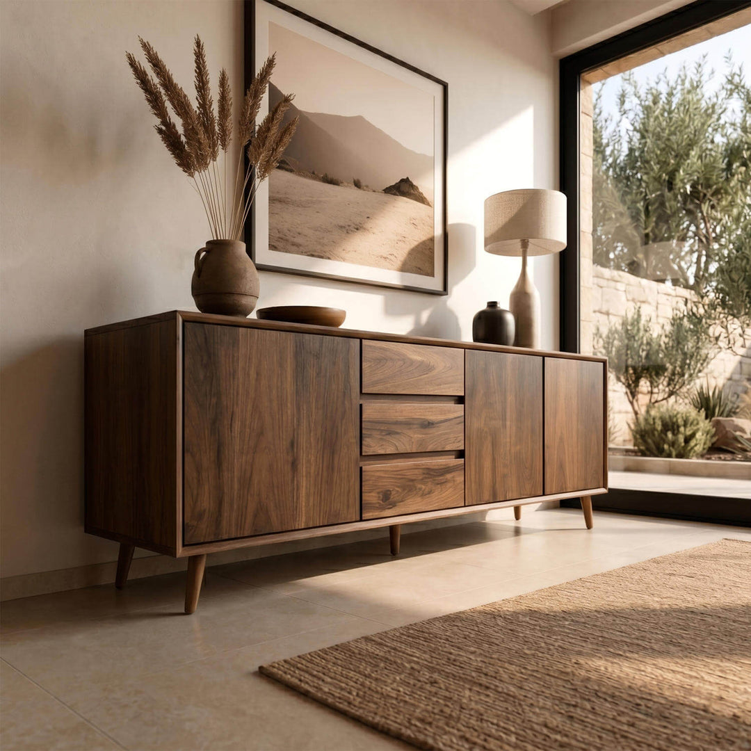 Mid century modern solid walnut media console with drawers and side cabinets