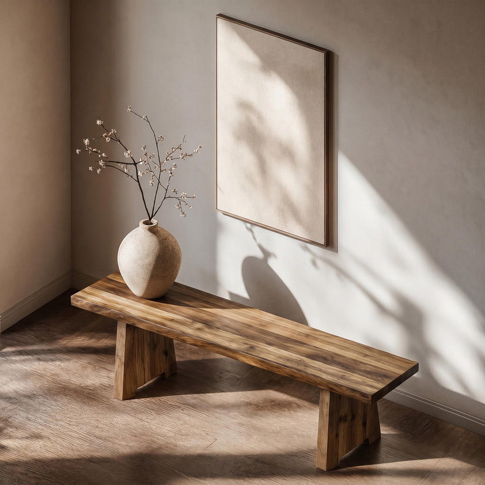 Premium walnut wood bench with a clean-lined structured frame, displayed beautifully on matching hardwood flooring.
