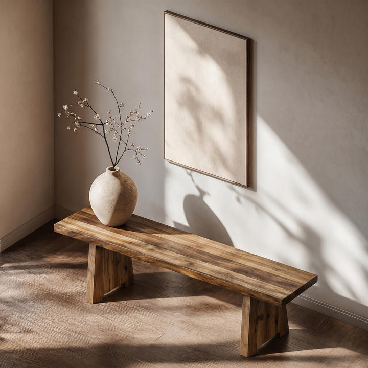 Premium walnut wood bench with a clean-lined structured frame, displayed beautifully on matching hardwood flooring.