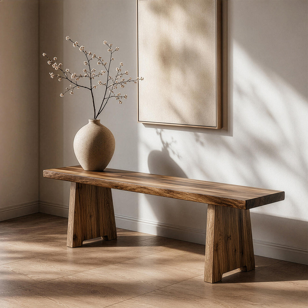 A timeless furniture piece showcasing natural wood textures: the durable and sophisticated walnut wood bench.