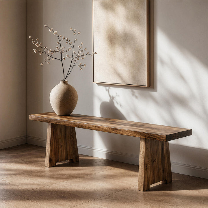 A timeless furniture piece showcasing natural wood textures: the durable and sophisticated walnut wood bench.