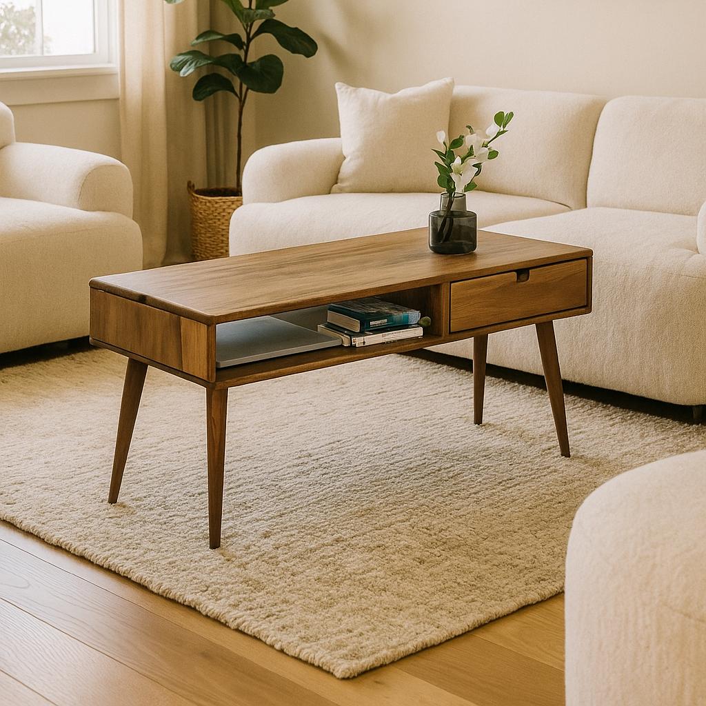 Living room with a wooden coffee table, white sofa, and decorative elements.