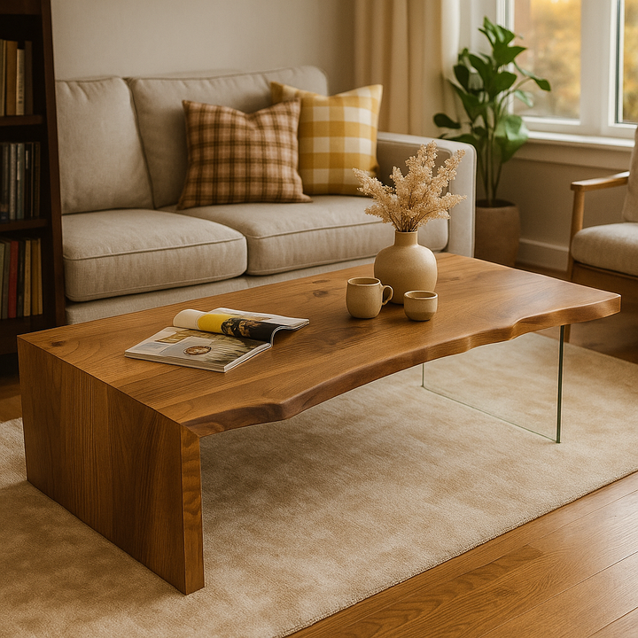 Wooden coffee table with a magazine and two cups in a living room setting.