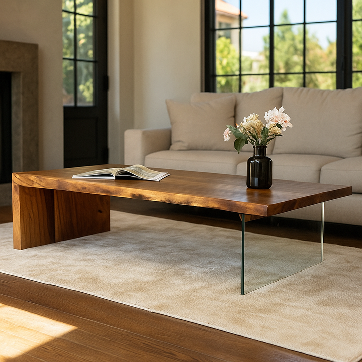 Wooden coffee table with a vase of flowers and an open book in a living room setting.