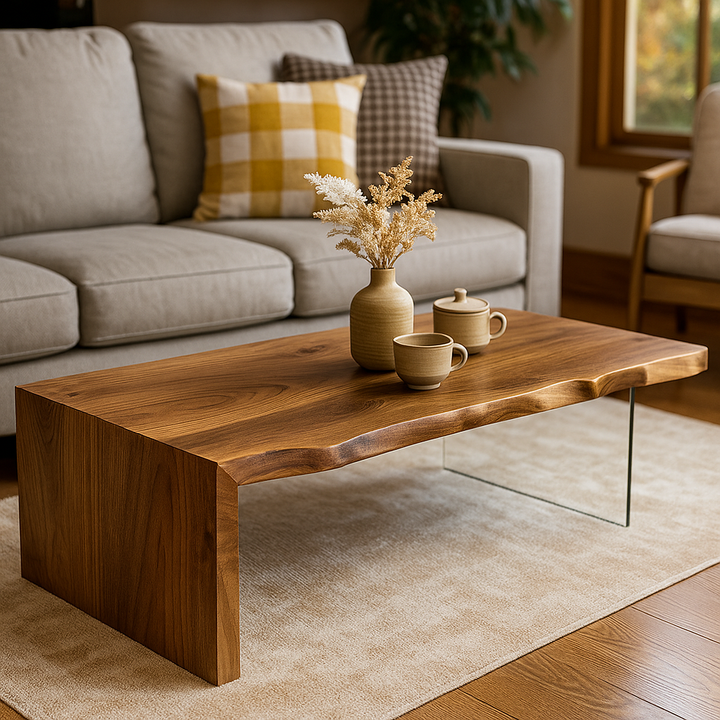 Wooden coffee table with decorative items in a living room setting