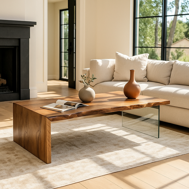 Wooden coffee table in a living room with a beige sofa and decorative items.