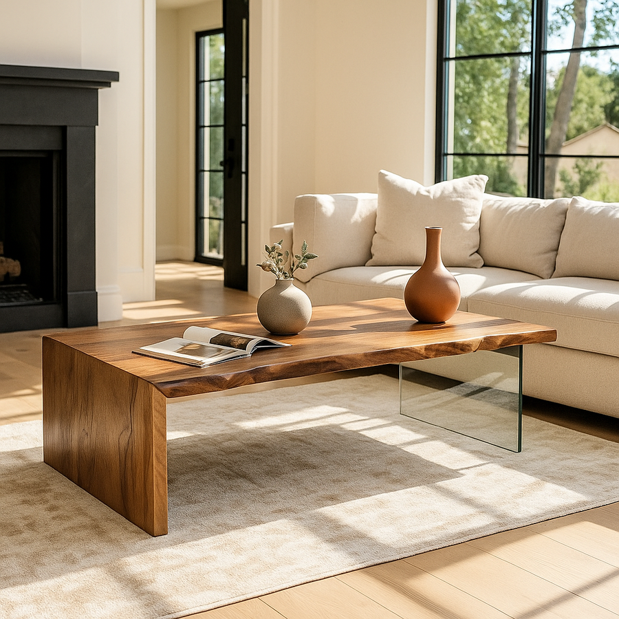 Live edge walnut waterfall coffee table with clear glass leg in a sunlit living room beside a cream sofa