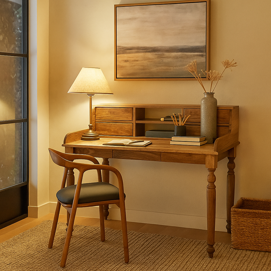 Wooden desk with chair, lamp, and decorative items in a home office setting.