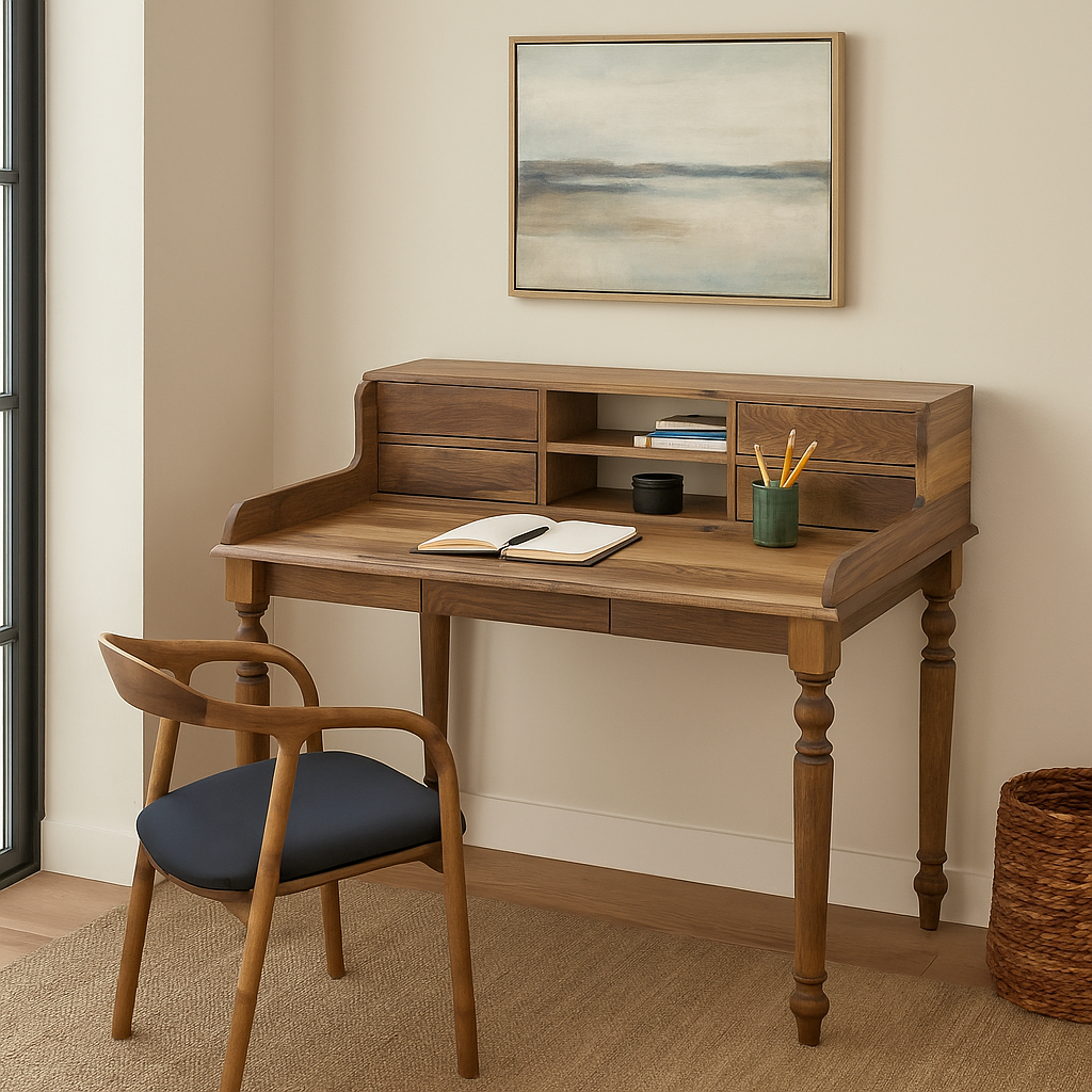 Walnut desk with a hutch and open notebook in a bright room beside a wicker basket