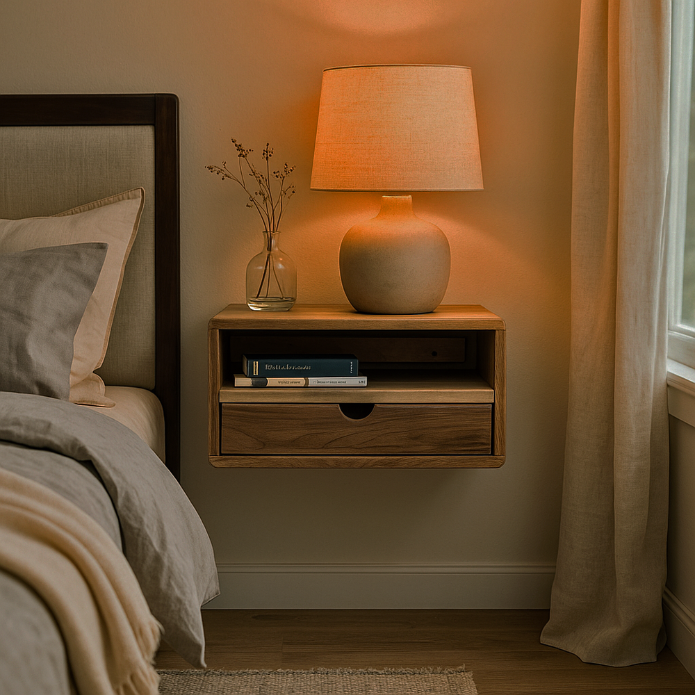 floating nightstand next to bed