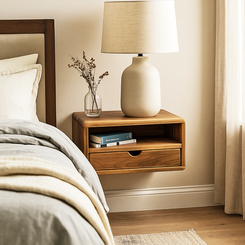Floating walnut nightstand with drawer and open shelf at the bedside, white lamp on top