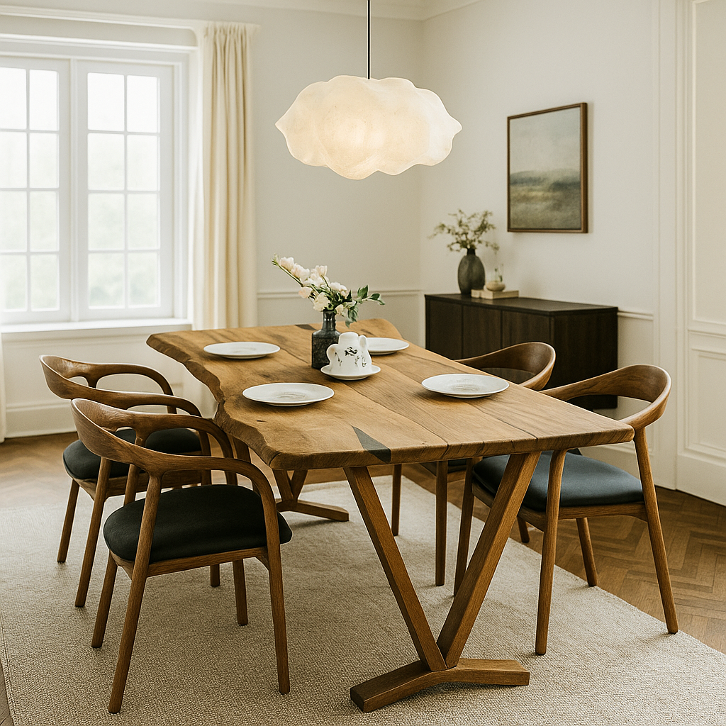 Dining room with wooden table and chairs in a well-lit room.
