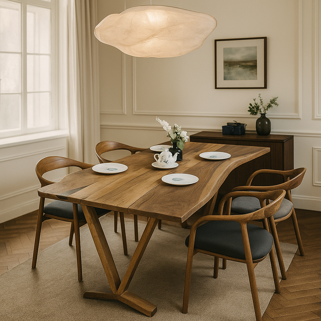 Walnut live edge farmhouse table seen from the corner with black-seat wooden chairs and a sideboard