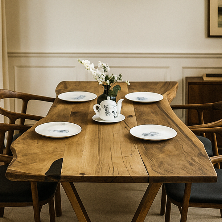 Wooden dining table set with plates and a teapot in a room with neutral decor.