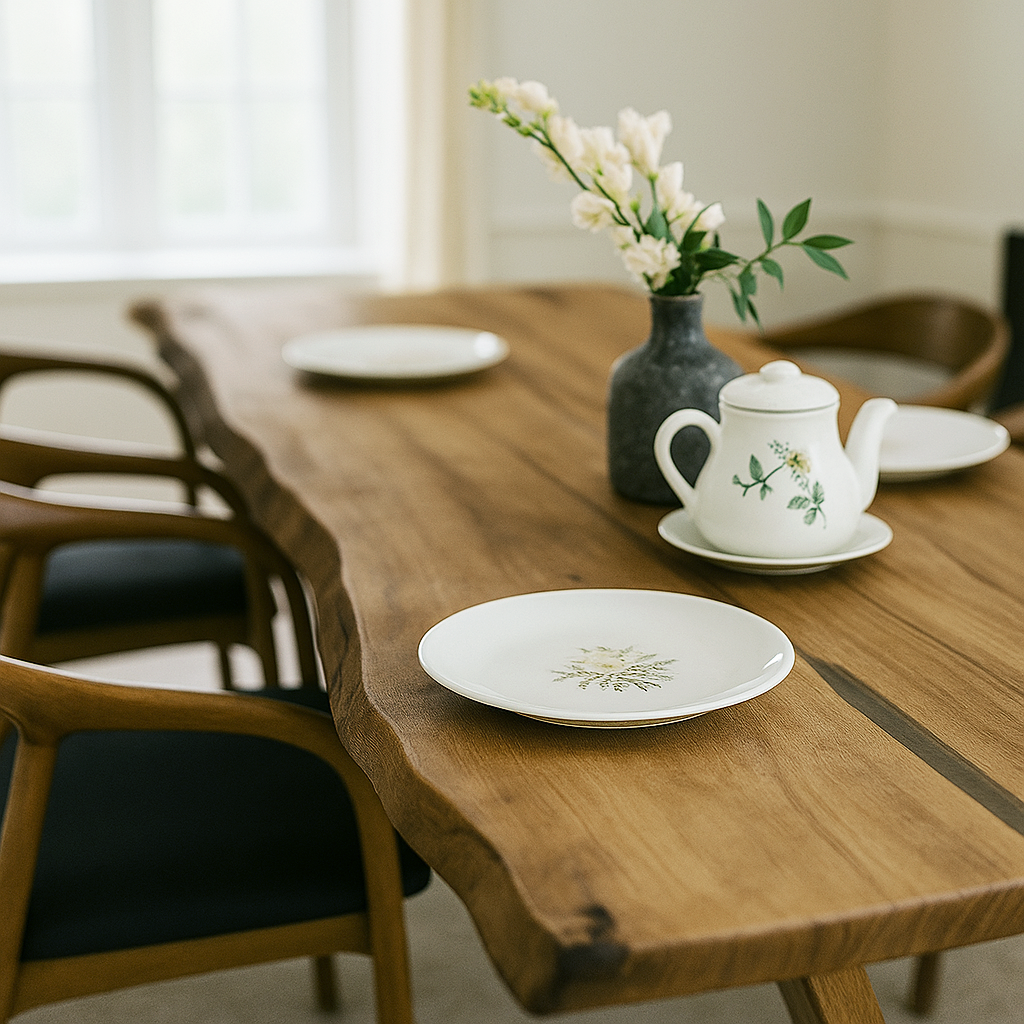 Side view of the wavy live edge and dark fill on the walnut farmhouse table with a teapot