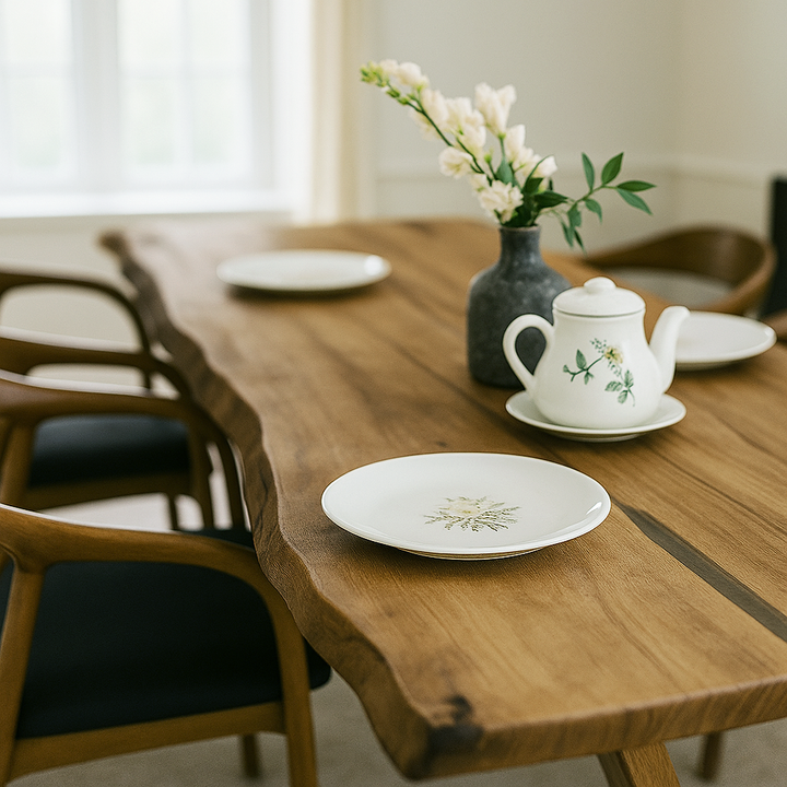Tea set with floral design on a wooden table in a cozy room.