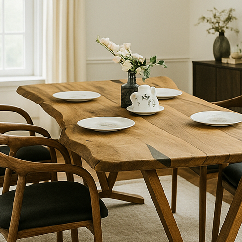 Walnut live edge farmhouse table set with plates, seen from the end near a window