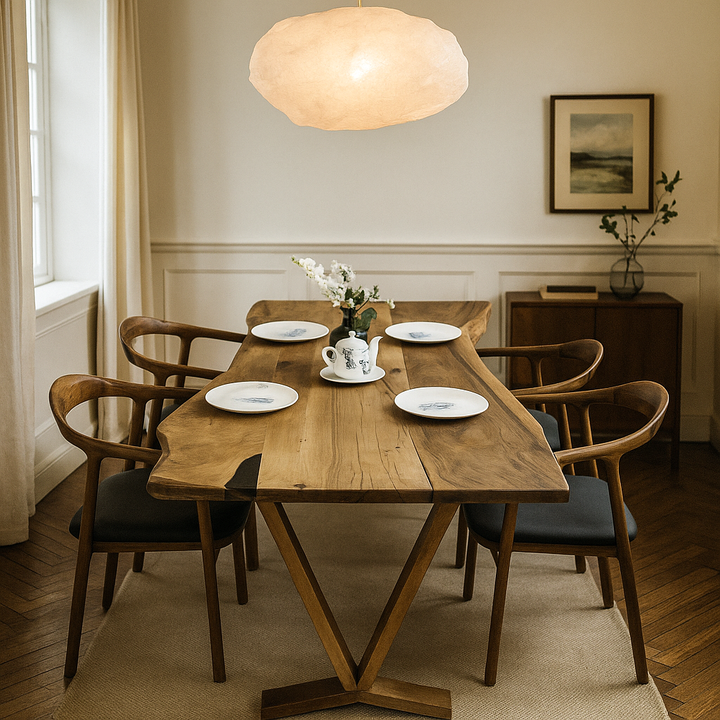 Dining room with wooden table and chairs, light fixture, and decorative elements.